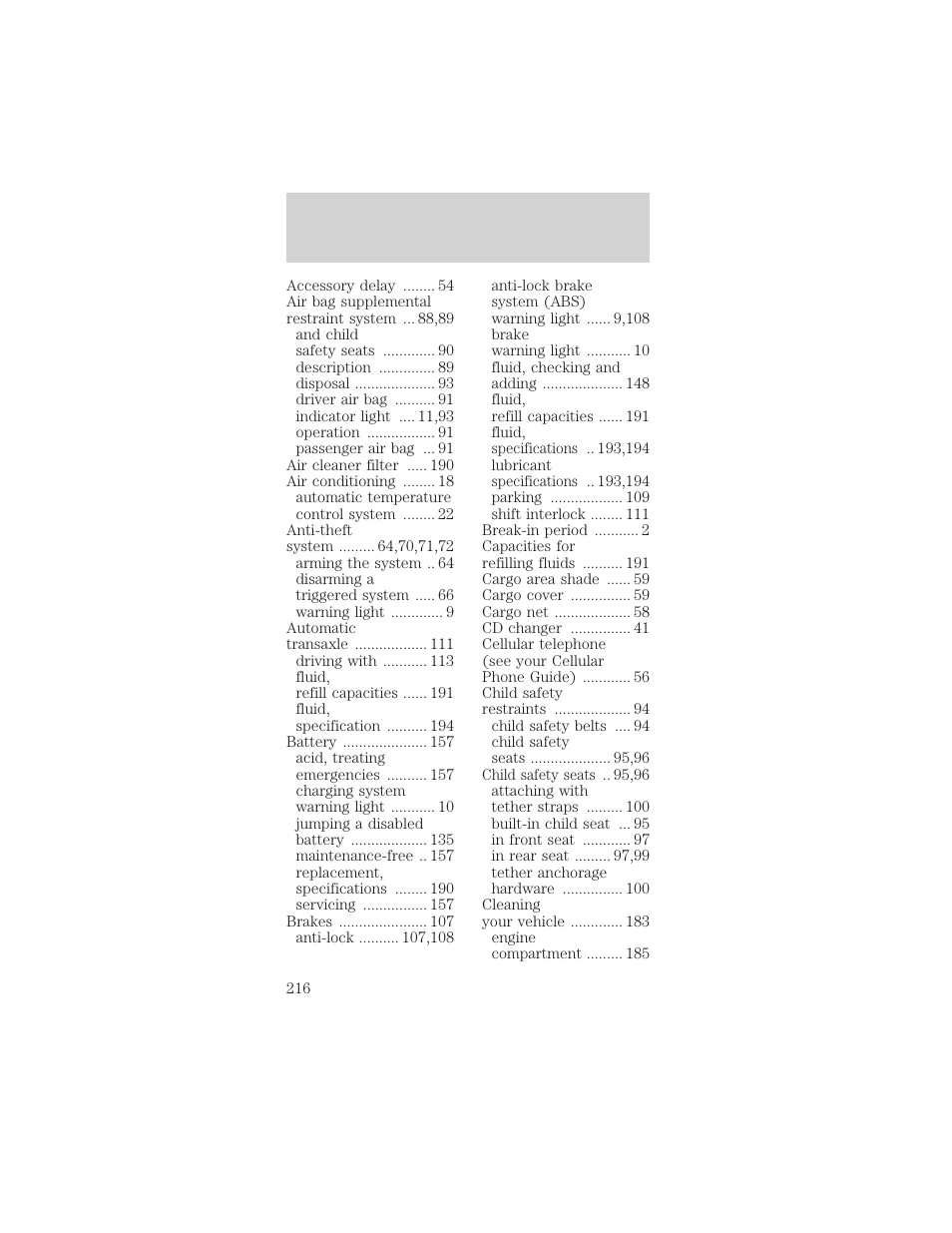 Index | FORD 1999 Taurus User Manual | Page 216 / 224