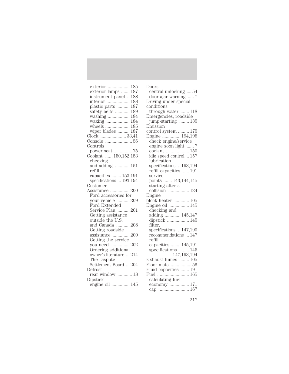 Index | FORD 1999 Taurus User Manual | Page 217 / 224