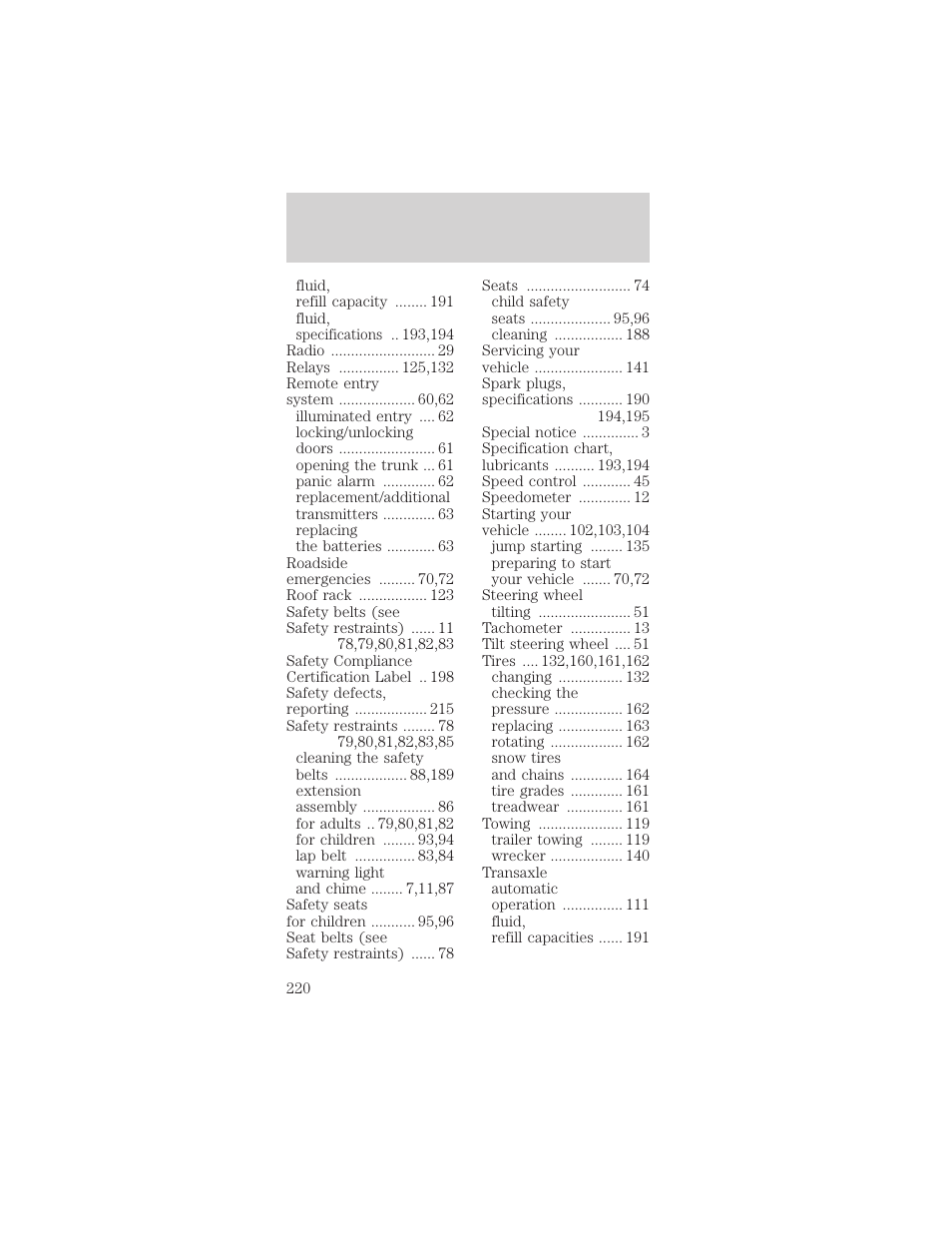 Index | FORD 1999 Taurus User Manual | Page 220 / 224