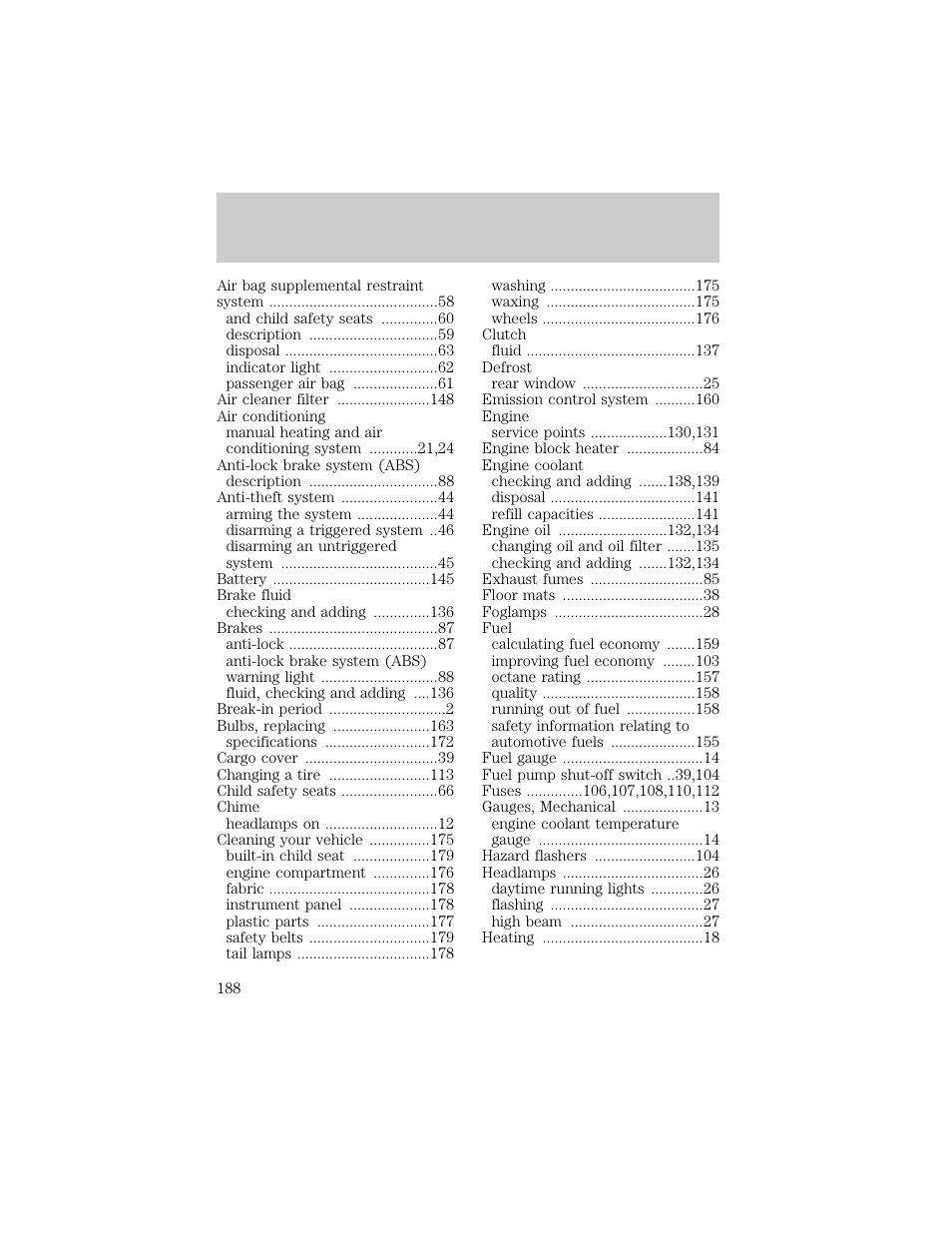 Index | FORD 1998 Escort User Manual | Page 188 / 191