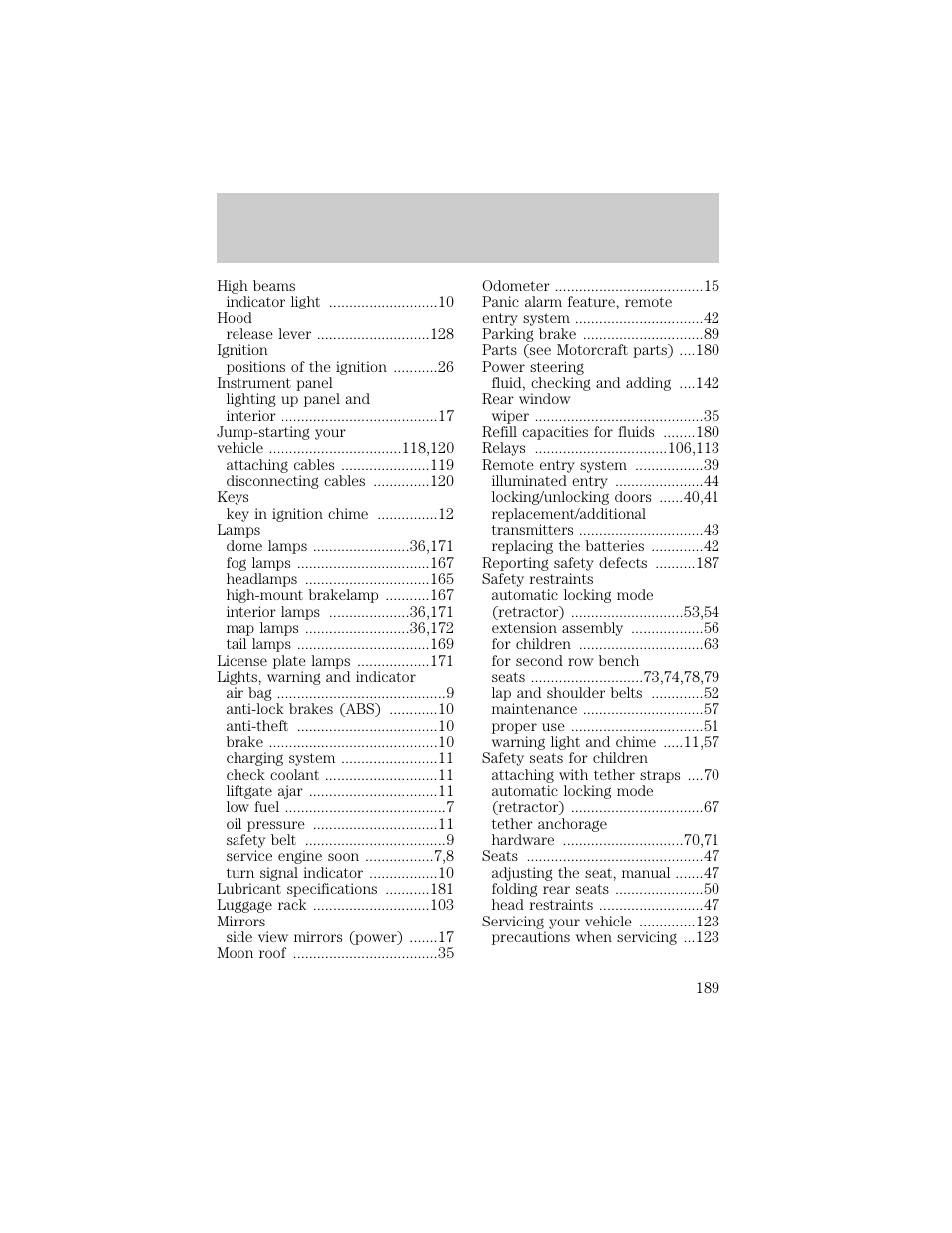 Index | FORD 1998 Escort User Manual | Page 189 / 191