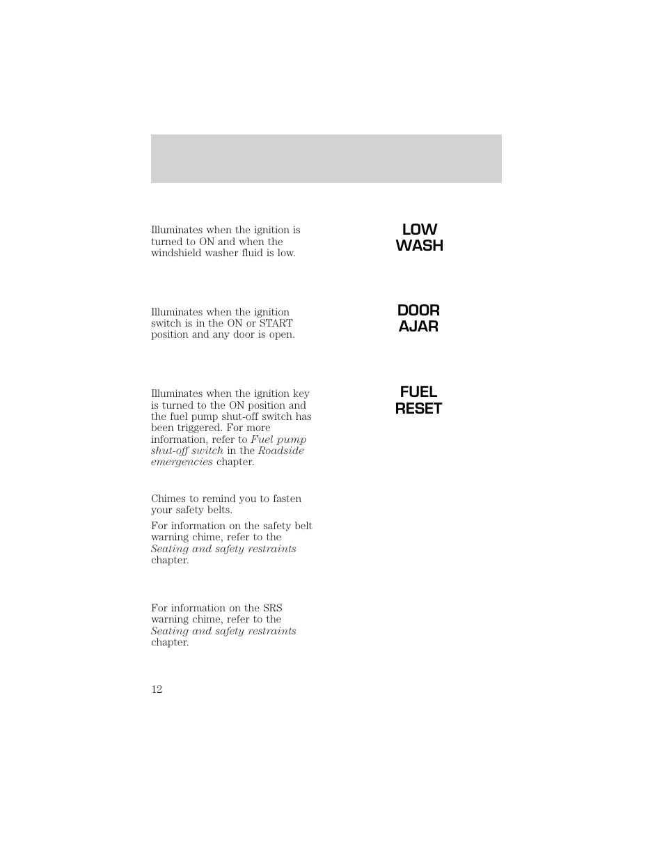 Low wash door ajar fuel reset | FORD 1998 Expedition User Manual | Page 12 / 216