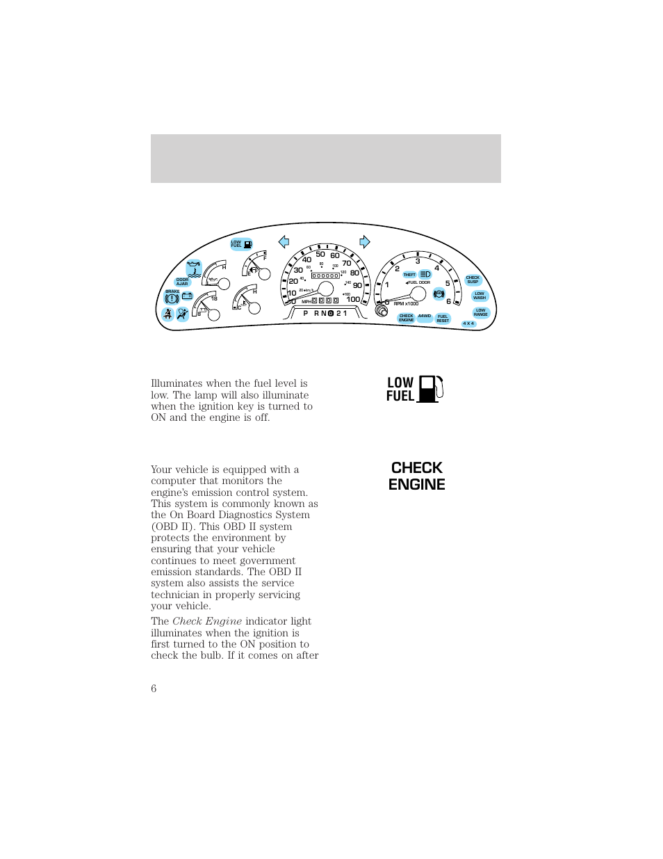 Check engine, Instrumentation, Low fuel | FORD 1998 Expedition User Manual | Page 6 / 216