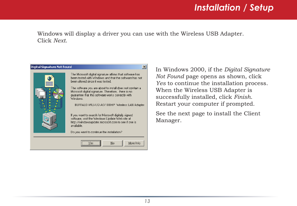 Installation / setup | Buffalo Technology WLI-U2-AG108HP User Manual | Page 13 / 53