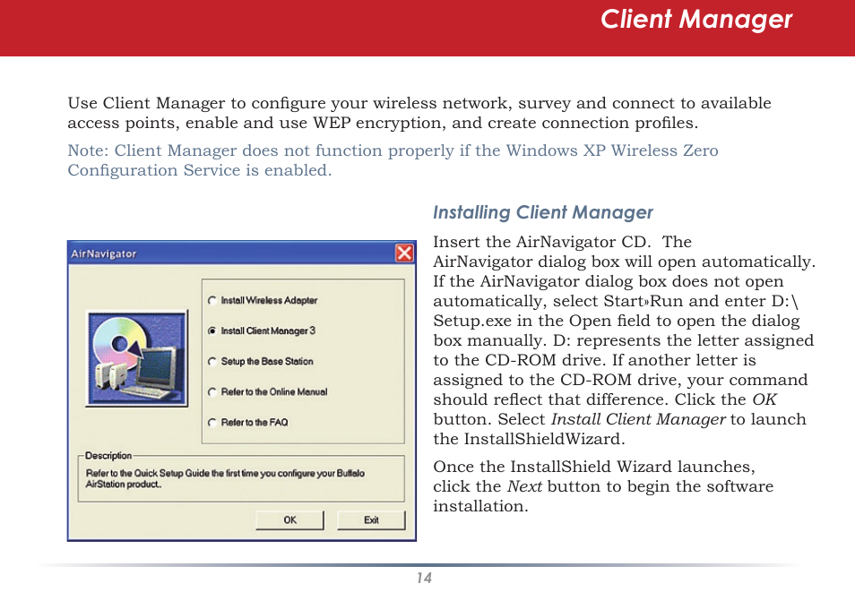 Client manager | Buffalo Technology WLI-U2-AG108HP User Manual | Page 14 / 53