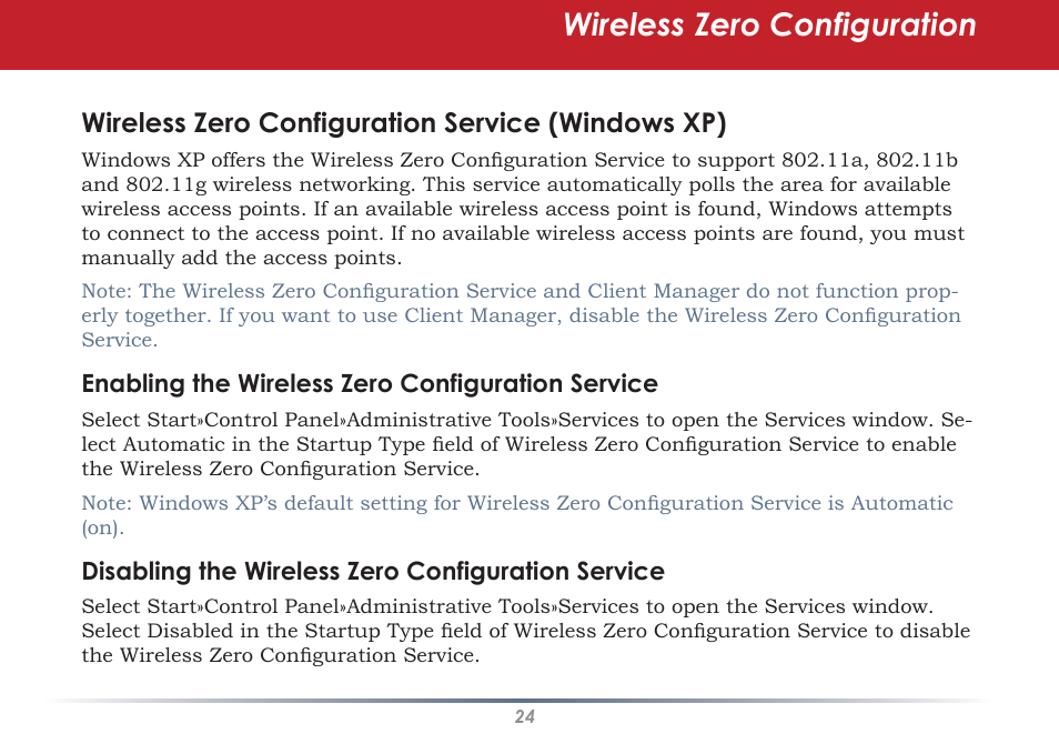 Wireless zero configuration, Wireless zero configuration service (windows xp) | Buffalo Technology WLI-U2-AG108HP User Manual | Page 24 / 53