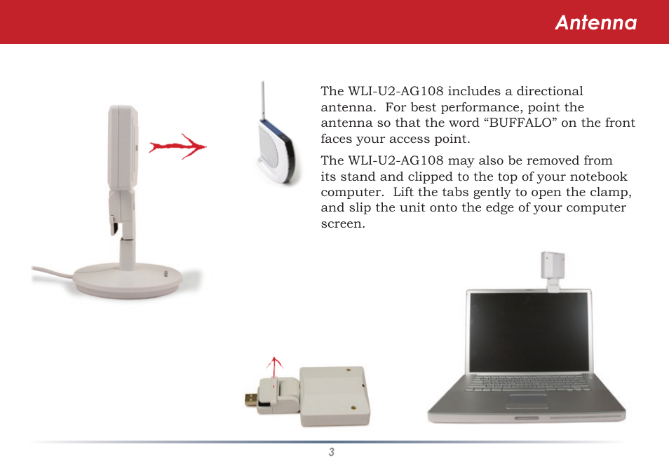 Antenna | Buffalo Technology WLI-U2-AG108HP User Manual | Page 3 / 53