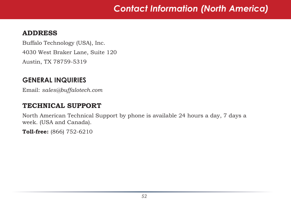 Contact information (north america) | Buffalo Technology WLI-U2-AG108HP User Manual | Page 52 / 53
