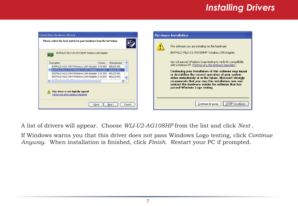 Installing drivers | Buffalo Technology WLI-U2-AG108HP User Manual | Page 7 / 53