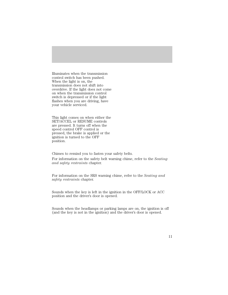 O/d off speed cont, Instrumentation | FORD 1998 Explorer User Manual | Page 11 / 210