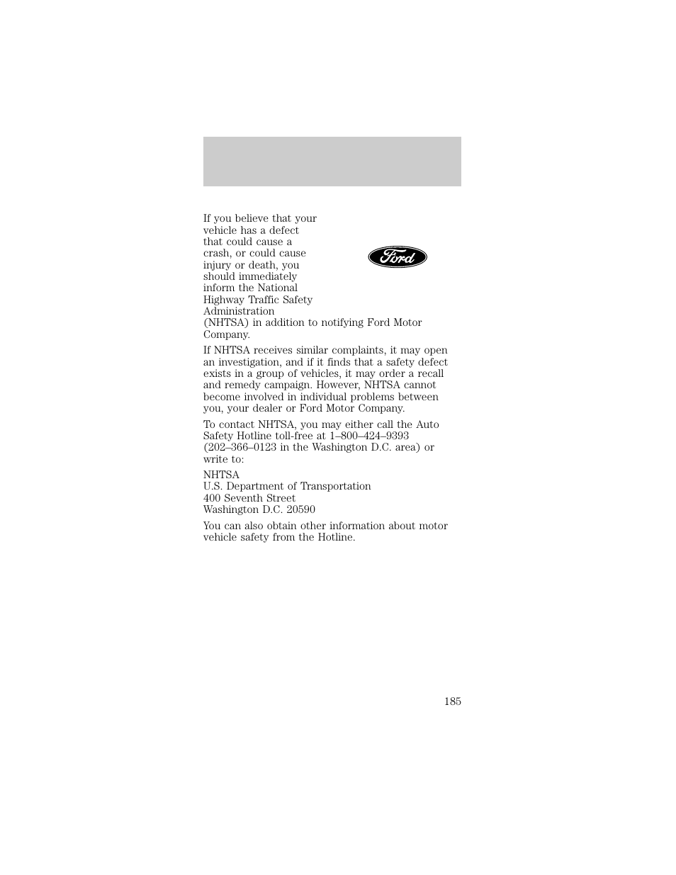 Reporting safety defects | FORD 1998 Taurus User Manual | Page 185 / 192