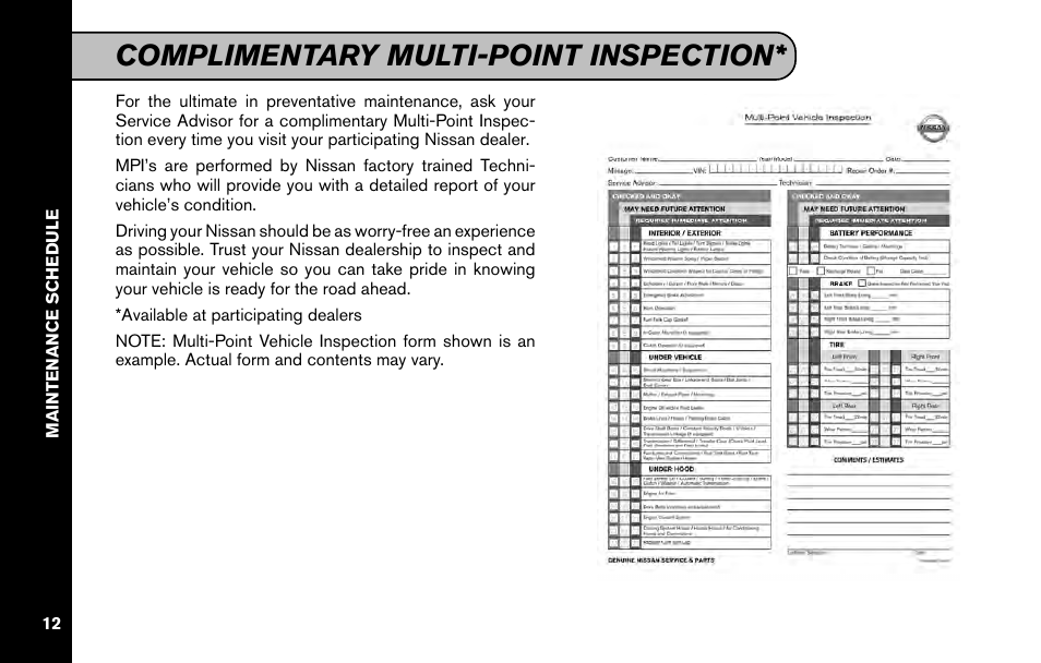 Complimentary multi-point inspection | NISSAN 2011 Versa Hatchback - Service & Maintenance Guide User Manual | Page 14 / 59