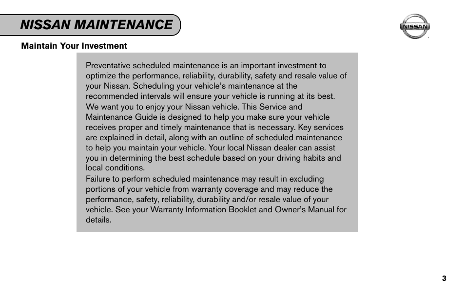 Nissan maintenance | NISSAN 2011 Versa Hatchback - Service & Maintenance Guide User Manual | Page 5 / 59