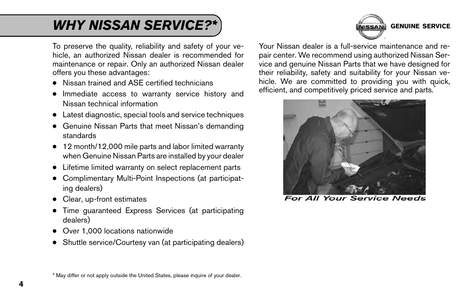 Why nissan service | NISSAN 2011 Versa Hatchback - Service & Maintenance Guide User Manual | Page 6 / 59