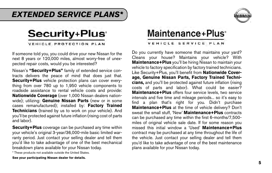 Extended service plans | NISSAN 2011 Versa Hatchback - Service & Maintenance Guide User Manual | Page 7 / 59