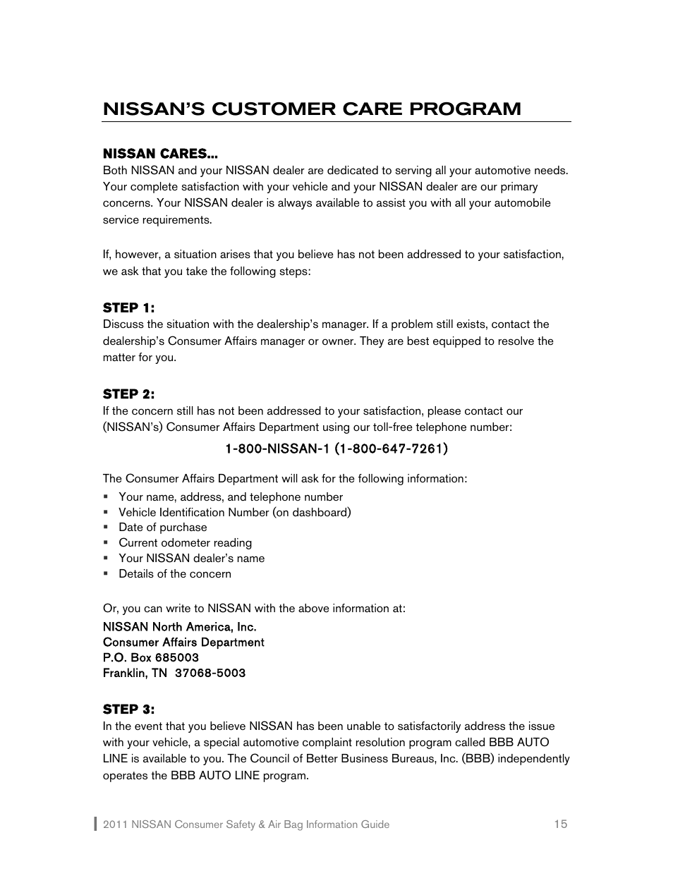 Nissan’s customer care program | NISSAN 2011 Versa Hatchback - Consumer Safety & Air Bag Information Guide User Manual | Page 16 / 19