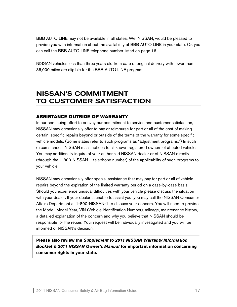 Nissan’s commitment to customer satisfaction | NISSAN 2011 Versa Hatchback - Consumer Safety & Air Bag Information Guide User Manual | Page 18 / 19