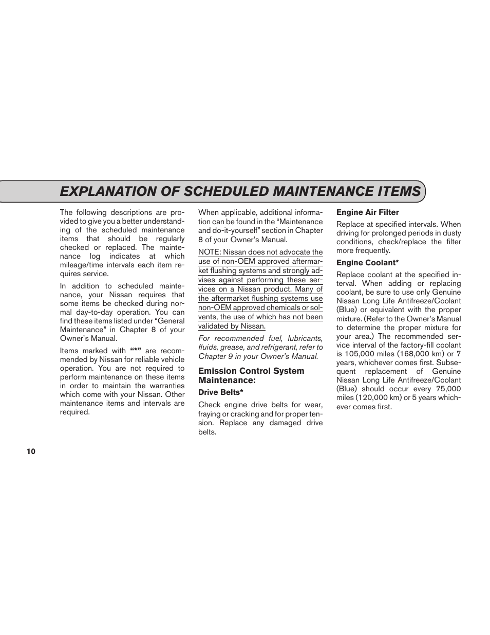 Explanation of scheduled maintenance items | NISSAN 2012 Versa Hatchback - Service & Maintenance Guide User Manual | Page 12 / 60