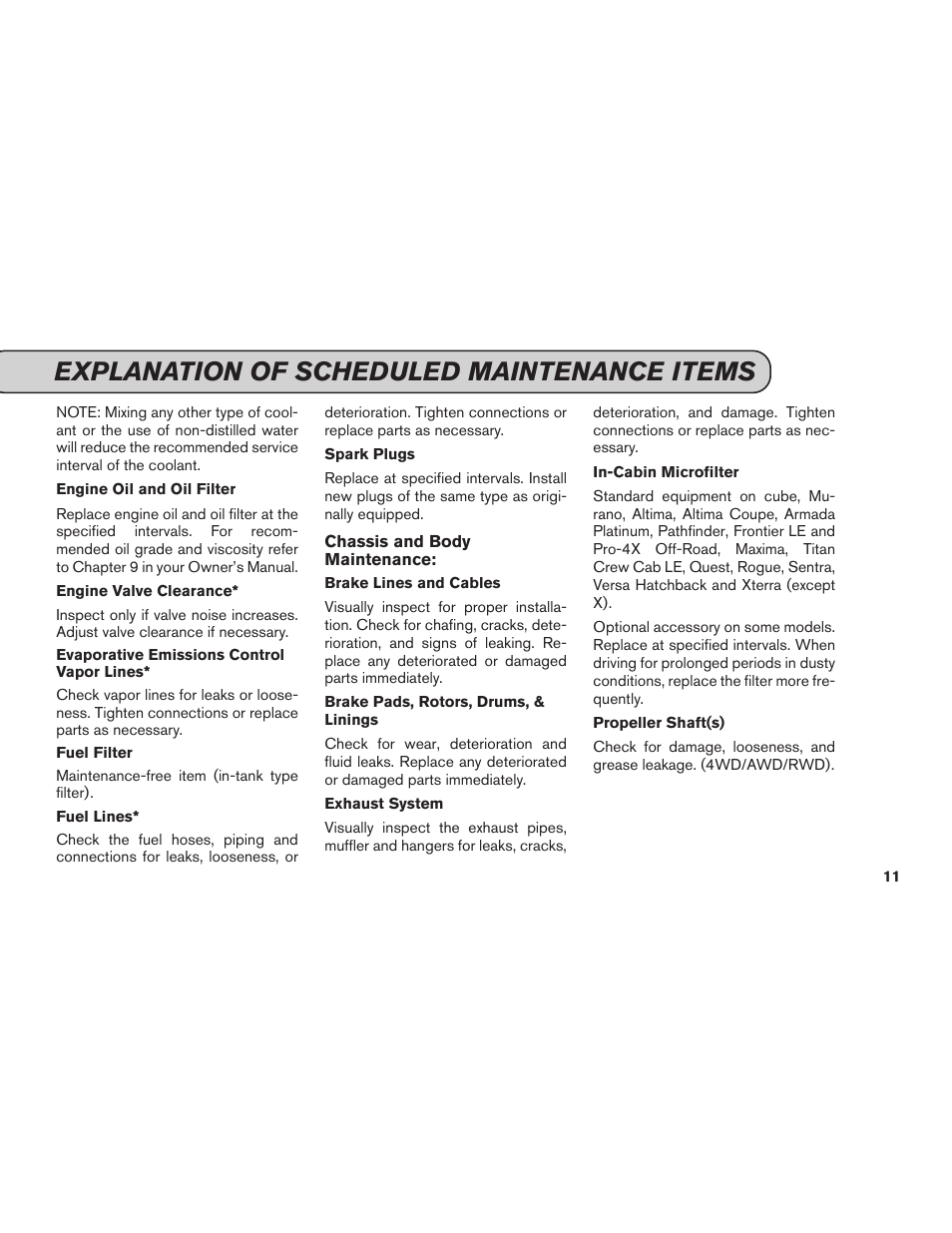 Explanation of scheduled maintenance items | NISSAN 2012 Versa Hatchback - Service & Maintenance Guide User Manual | Page 13 / 60