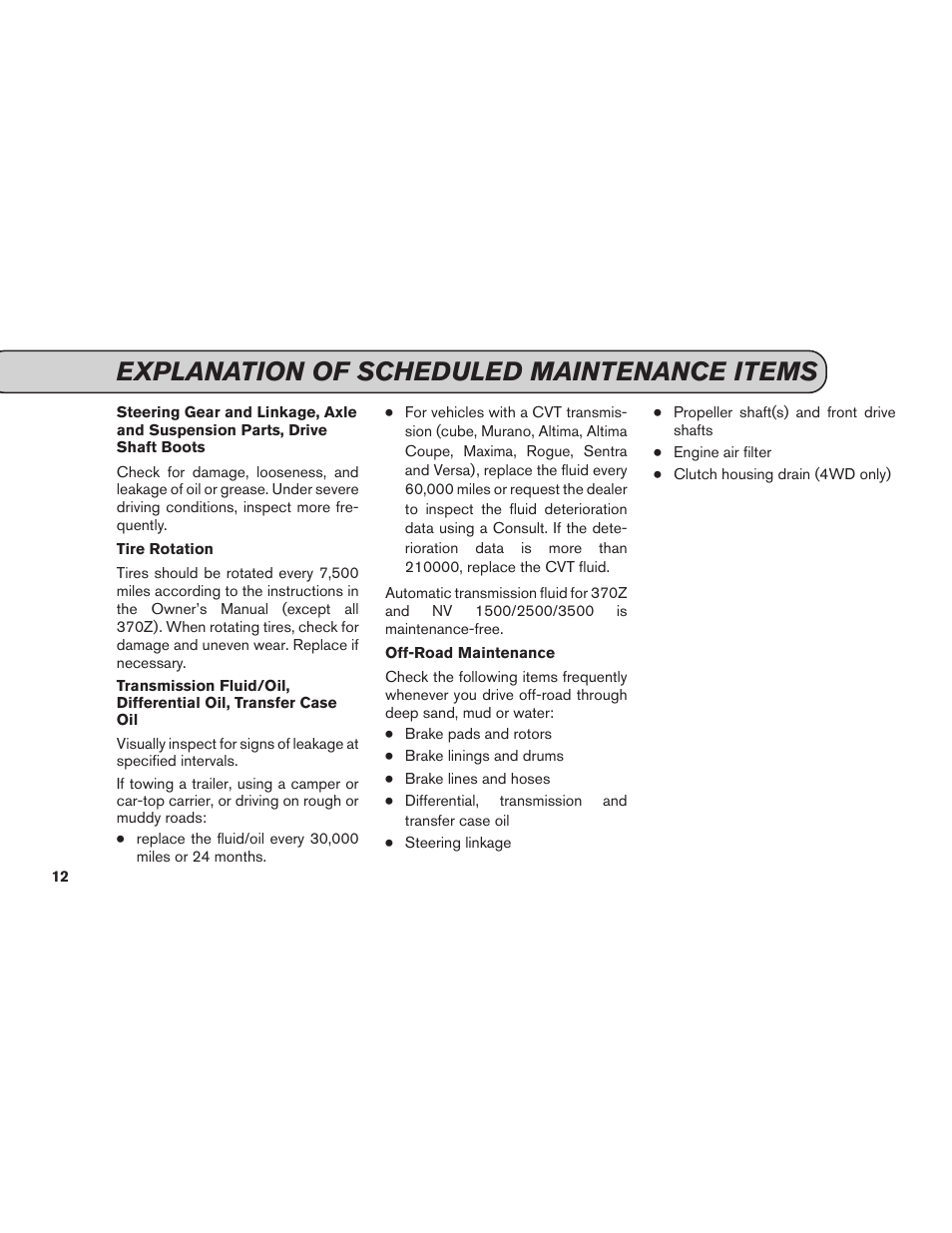 Explanation of scheduled maintenance items | NISSAN 2012 Versa Hatchback - Service & Maintenance Guide User Manual | Page 14 / 60