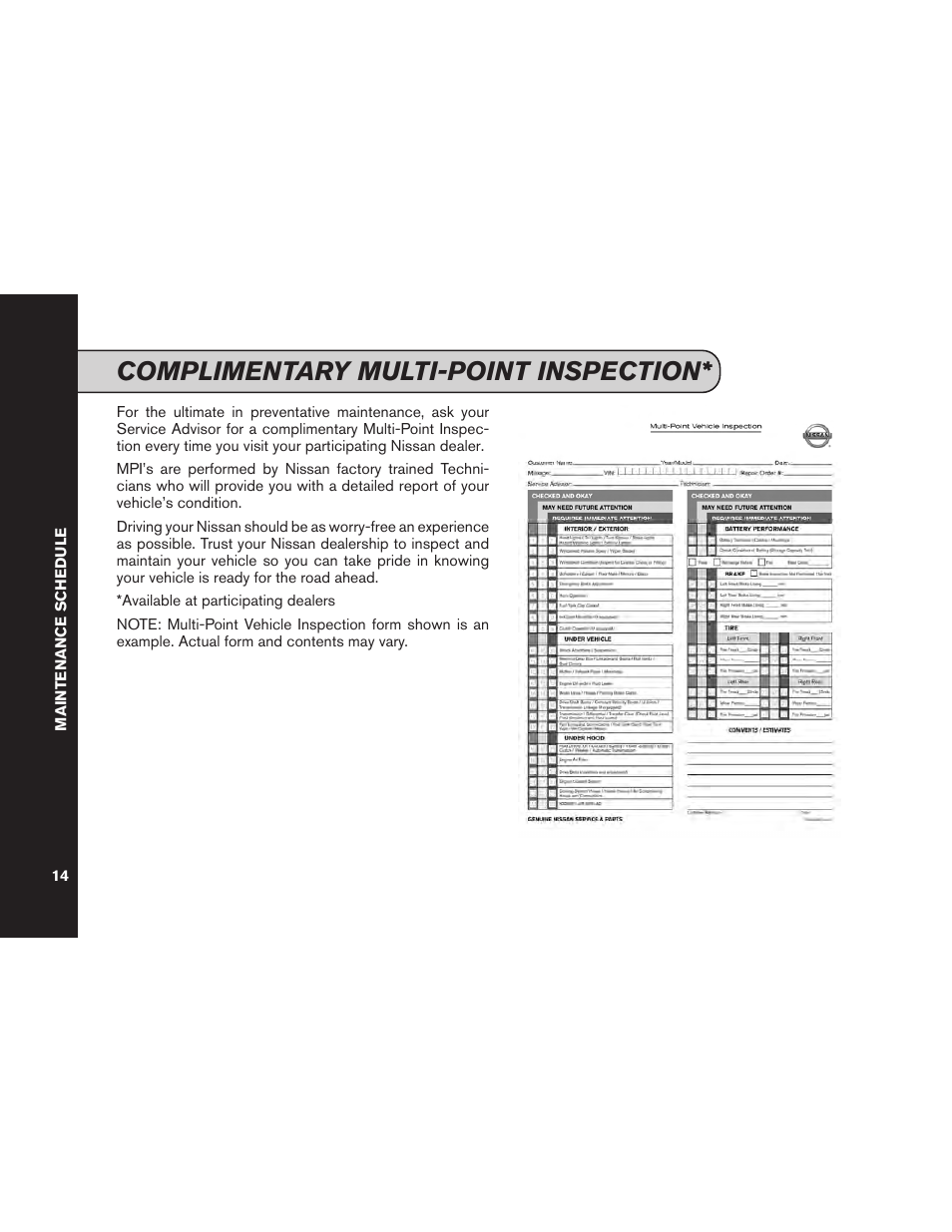 Complimentary multi-point inspection | NISSAN 2012 Versa Hatchback - Service & Maintenance Guide User Manual | Page 16 / 60