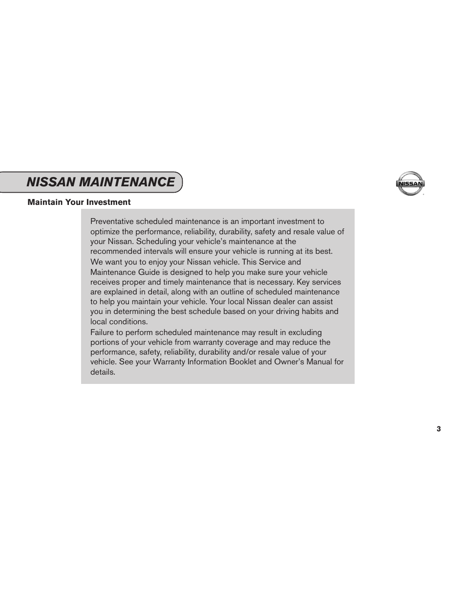 Nissan maintenance | NISSAN 2012 Versa Hatchback - Service & Maintenance Guide User Manual | Page 5 / 60
