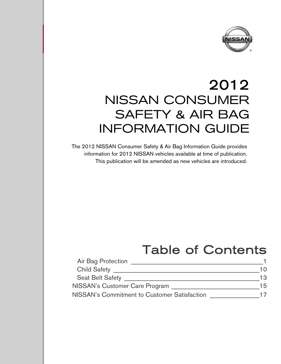 NISSAN 2012 Versa Hatchback - Consumer Safety & Air Bag Information Guide User Manual | 19 pages