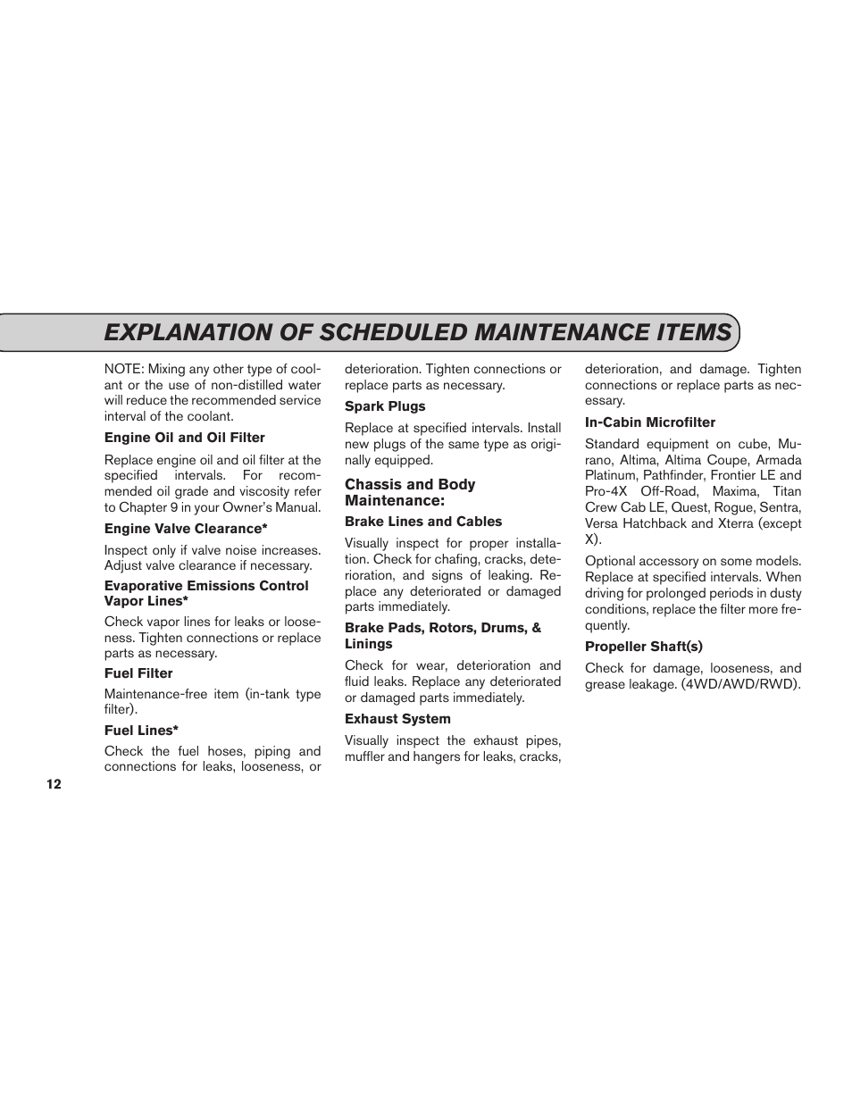 Explanation of scheduled maintenance items | NISSAN 2013 Pathfinder - Service & Maintenance Guide User Manual | Page 14 / 61