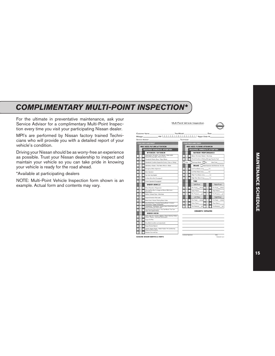 Complimentary multi-point inspection | NISSAN 2013 Pathfinder - Service & Maintenance Guide User Manual | Page 17 / 61