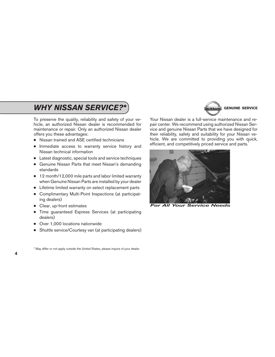 Why nissan service | NISSAN 2013 Pathfinder - Service & Maintenance Guide User Manual | Page 6 / 61