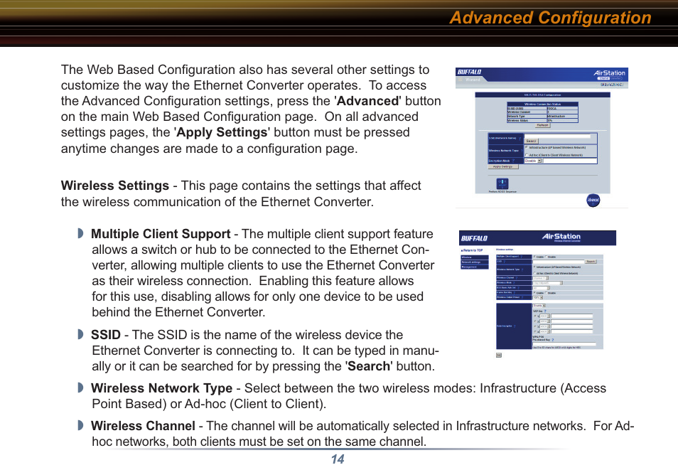 Advanced configuration | Buffalo Technology Buffalo AirStation WLI3-TX1-G54 User Manual | Page 14 / 25