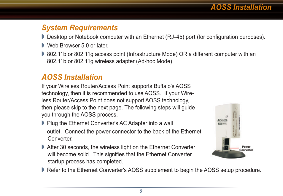 System requirements, Aoss installation | Buffalo Technology Buffalo AirStation WLI3-TX1-G54 User Manual | Page 2 / 25