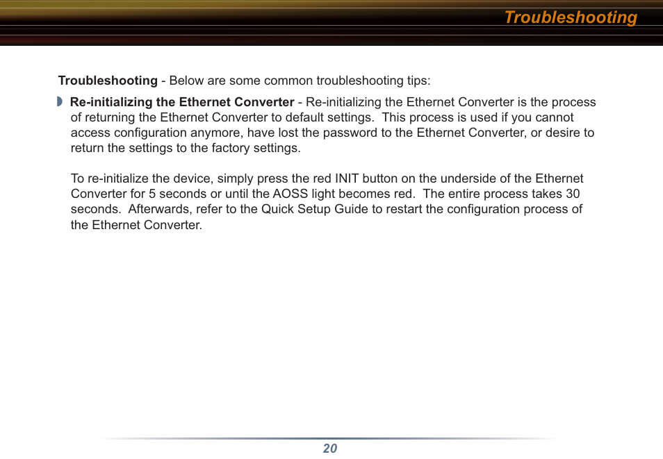 Troubleshooting | Buffalo Technology Buffalo AirStation WLI3-TX1-G54 User Manual | Page 20 / 25