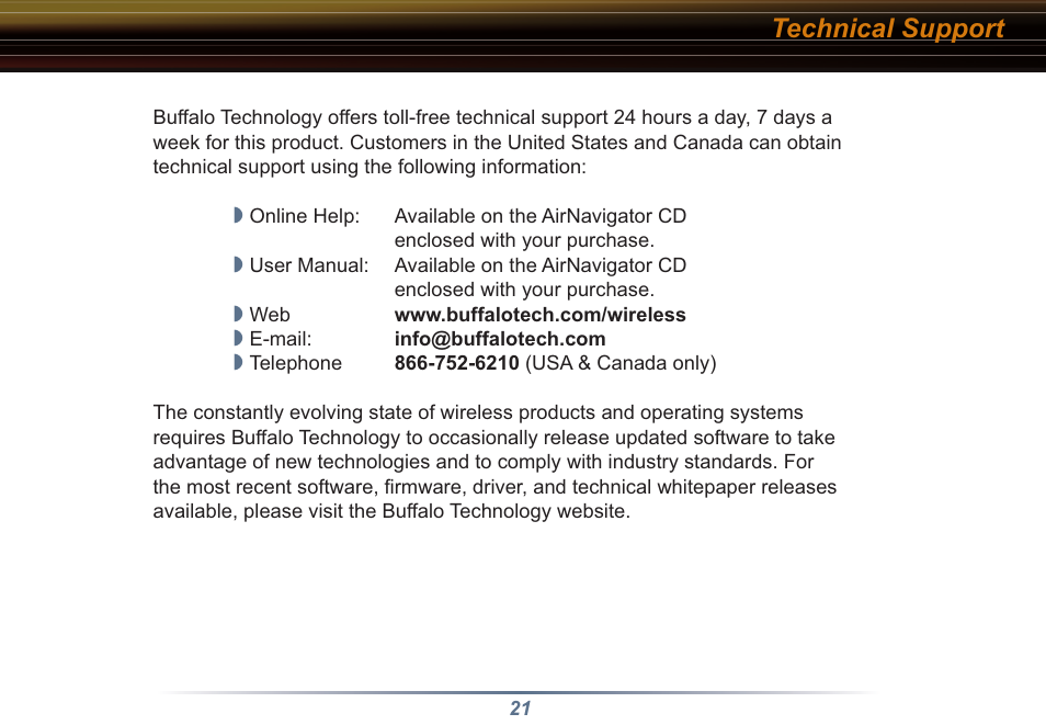 Technical support | Buffalo Technology Buffalo AirStation WLI3-TX1-G54 User Manual | Page 21 / 25