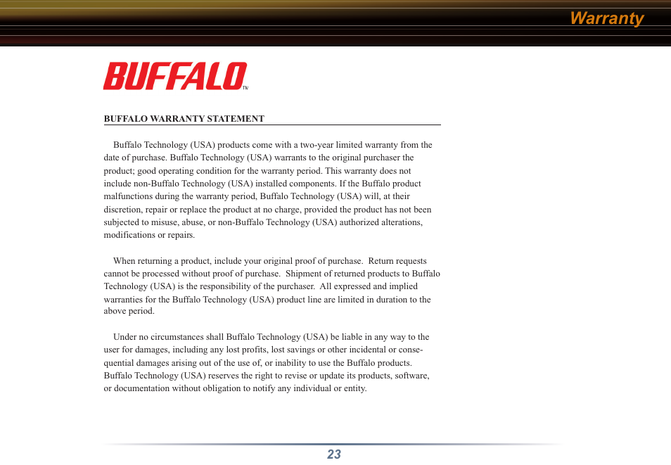 Warranty | Buffalo Technology Buffalo AirStation WLI3-TX1-G54 User Manual | Page 23 / 25