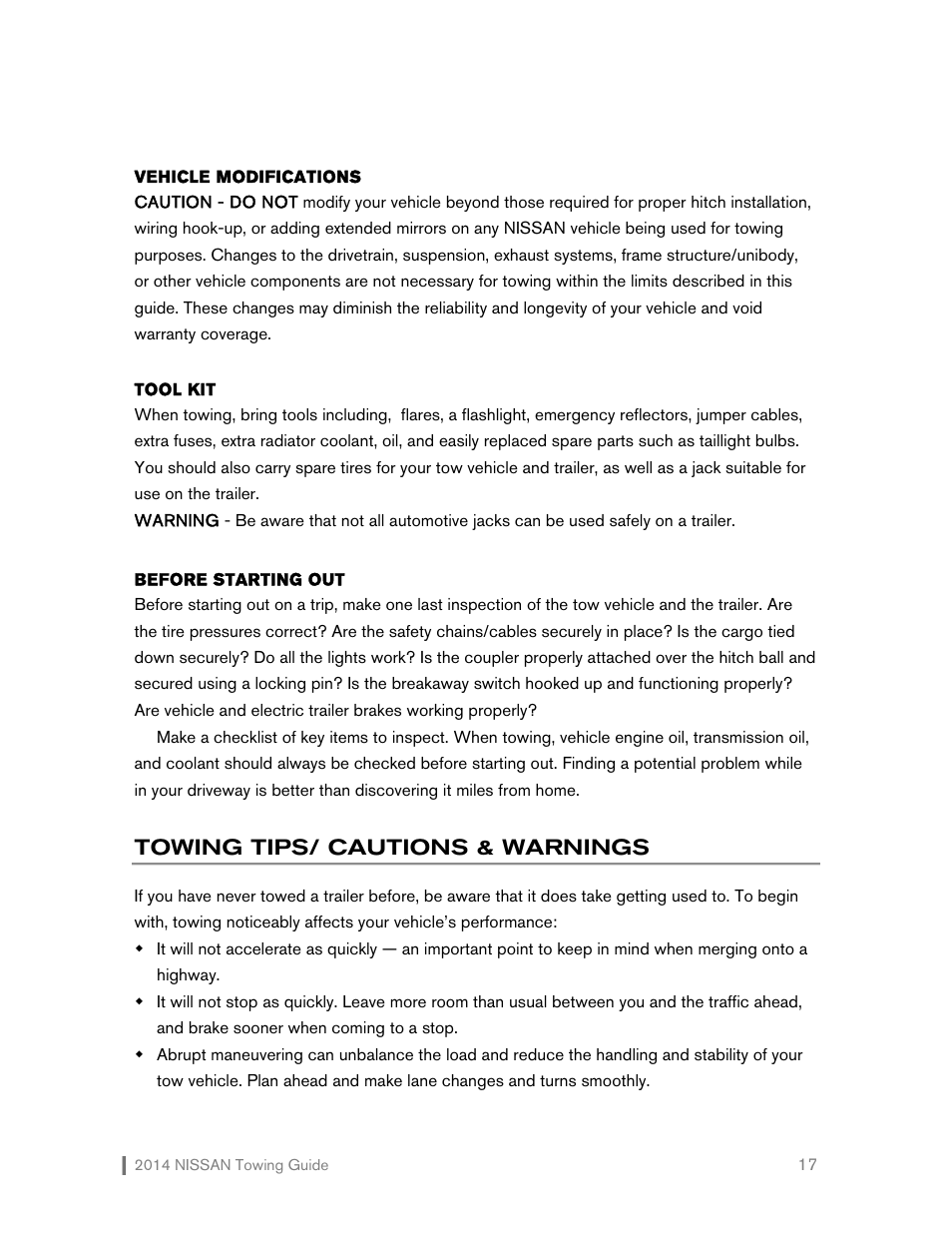 Towing tips/cautions & warnings, Towing tips | NISSAN 2014 Versa Note - Towing Guide User Manual | Page 18 / 27