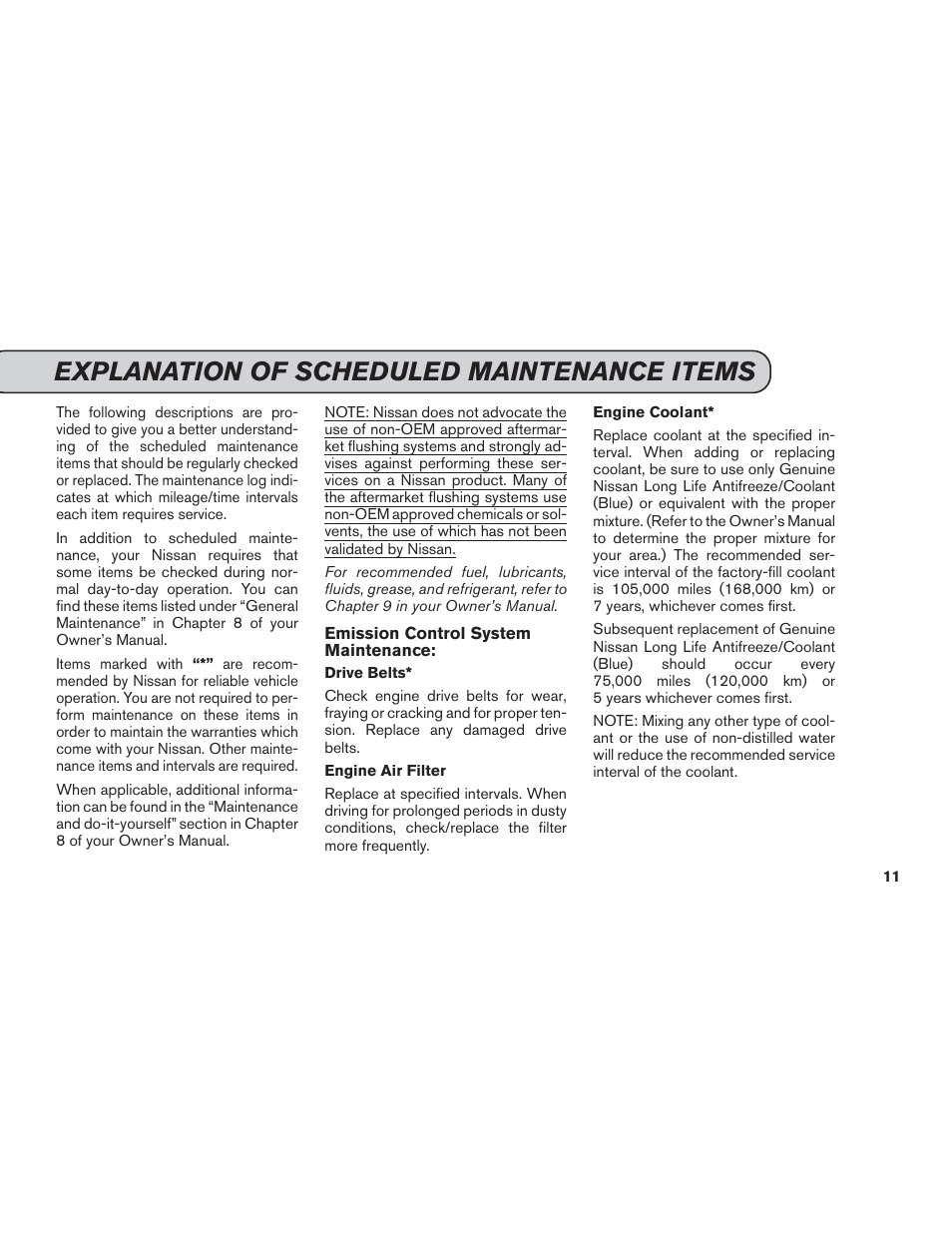 Explanation of scheduled maintenance items | NISSAN 2014 Versa Note - Service & Maintenance Guide User Manual | Page 13 / 69