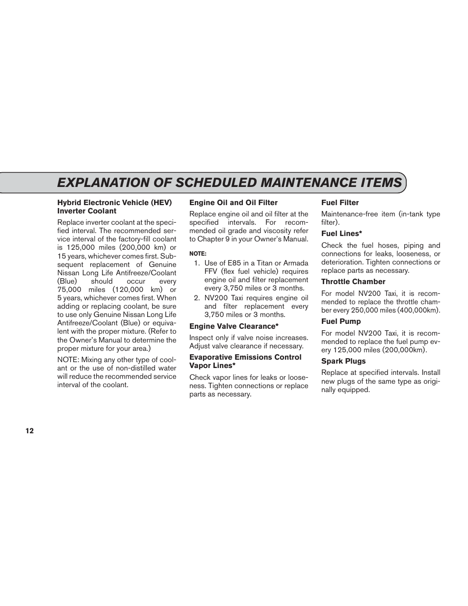 Explanation of scheduled maintenance items | NISSAN 2014 Versa Note - Service & Maintenance Guide User Manual | Page 14 / 69
