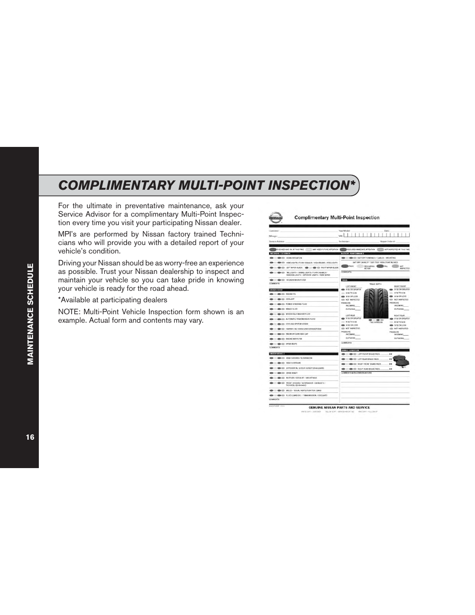 Complimentary multi-point inspection | NISSAN 2014 Versa Note - Service & Maintenance Guide User Manual | Page 18 / 69
