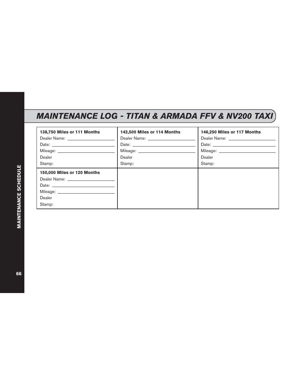 Maintenance log - titan & armada ffv & nv200 taxi | NISSAN 2014 Versa Note - Service & Maintenance Guide User Manual | Page 68 / 69