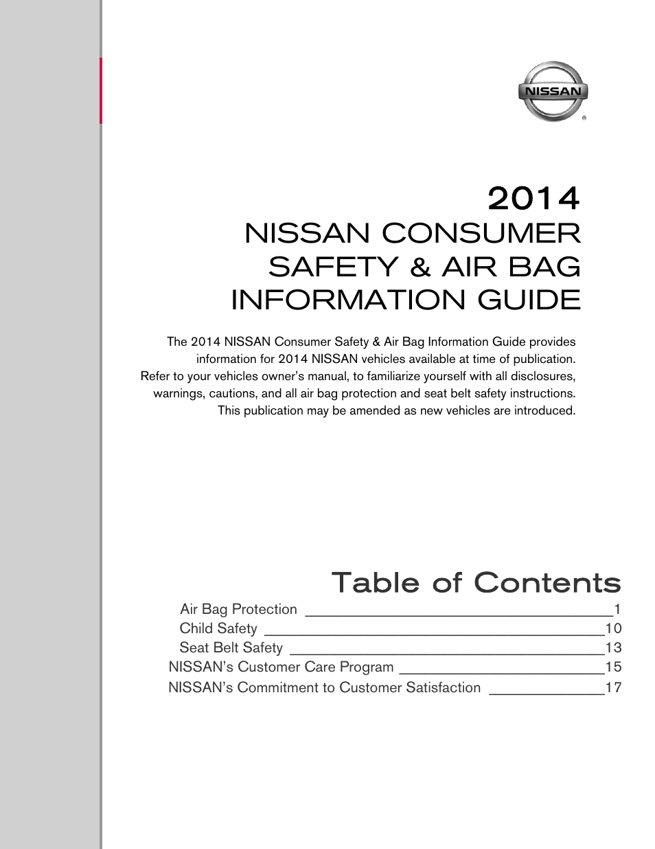 NISSAN 2014 Versa Note - Consumer Safety & Air Bag Information Guide User Manual | 19 pages