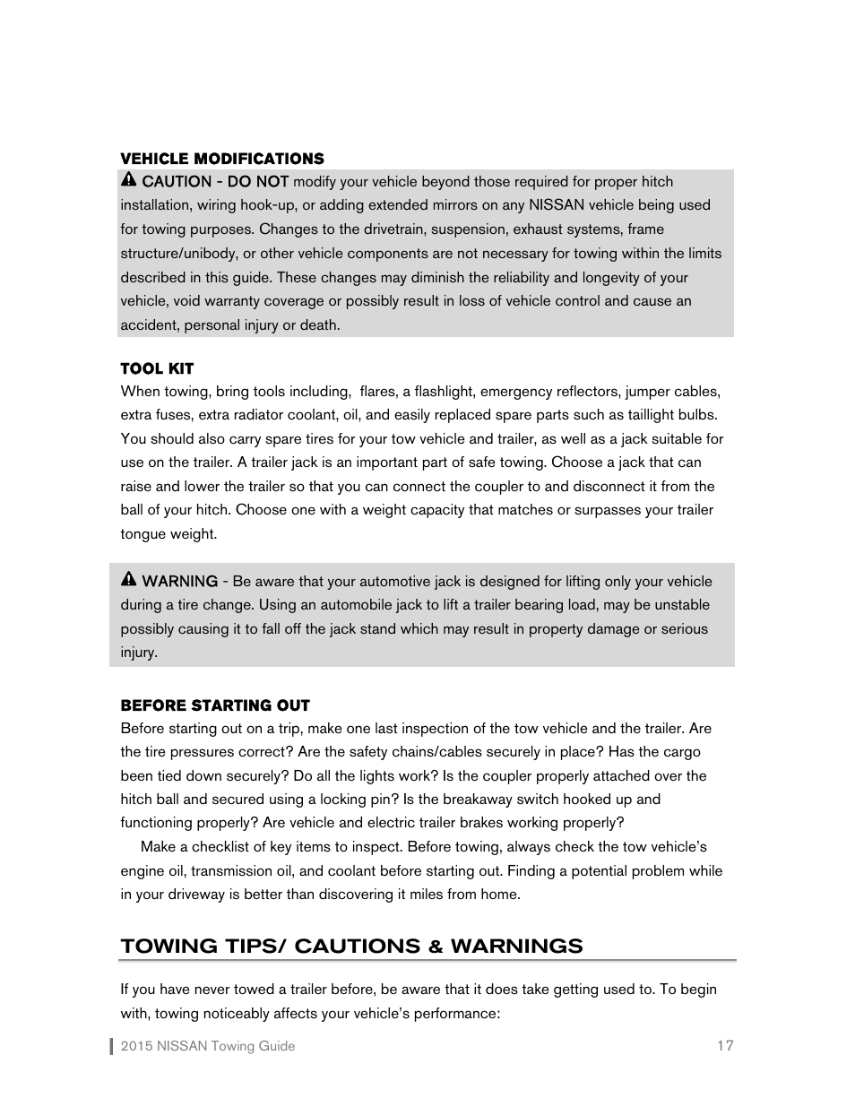 Towing tips/ cautions & warnings | NISSAN 2015 Versa Note - Towing Guide User Manual | Page 18 / 27