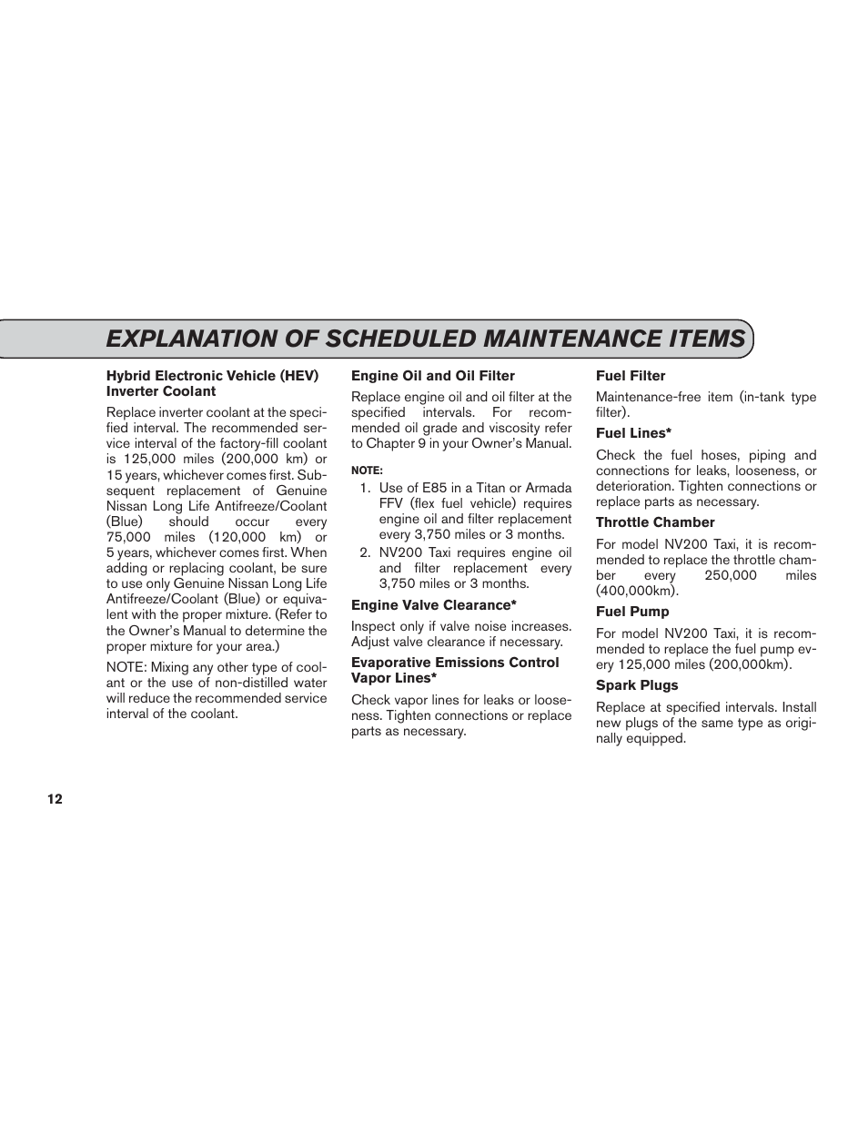 Explanation of scheduled maintenance items | NISSAN 2015 Versa Note - Service & Maintenance Guide User Manual | Page 14 / 70