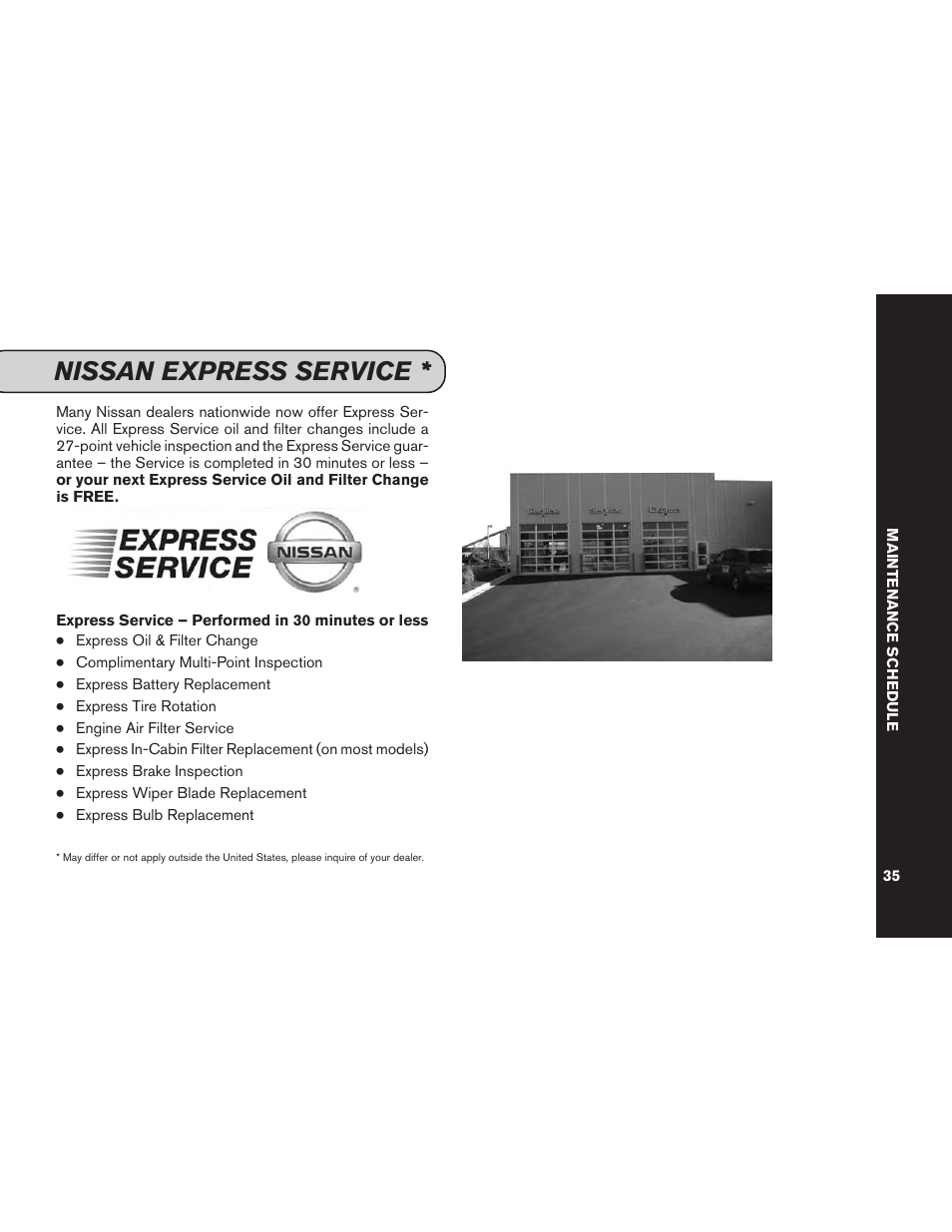 Nissan express services, Nissan express service | NISSAN 2015 Versa Note - Service & Maintenance Guide User Manual | Page 37 / 70