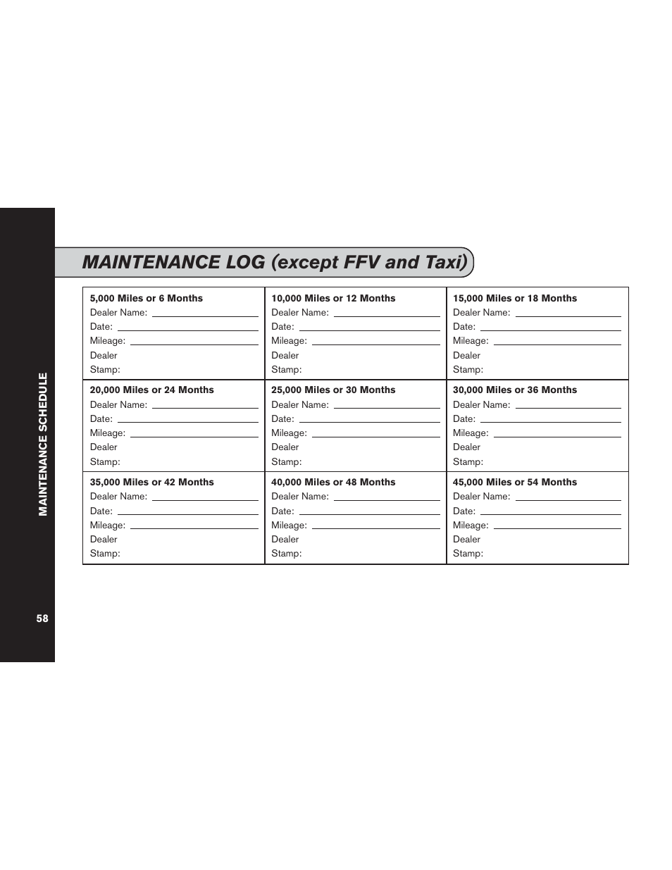 Maintenance log, Maintenance log (except ffv and taxi) | NISSAN 2015 Versa Note - Service & Maintenance Guide User Manual | Page 60 / 70