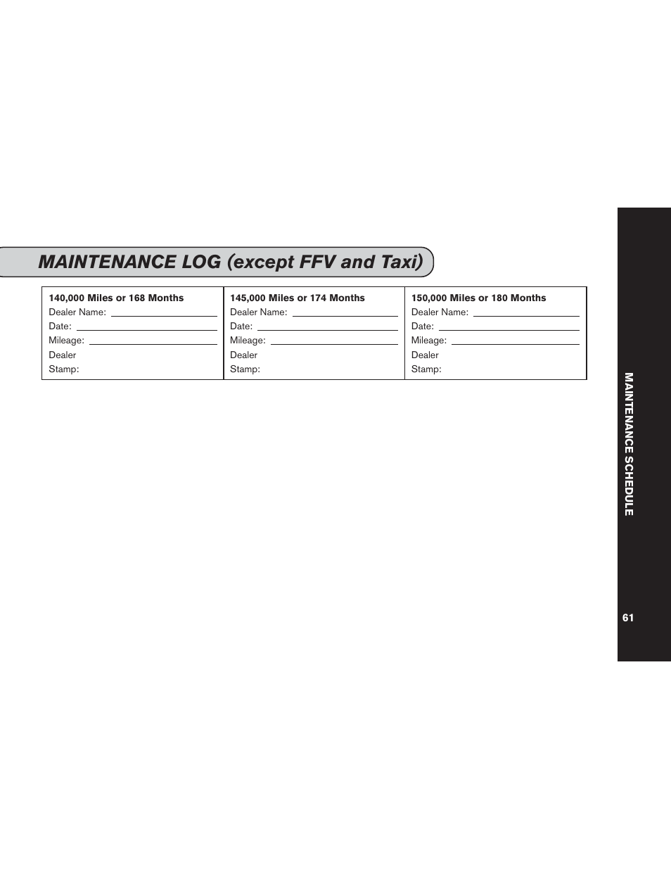 Maintenance log (except ffv and taxi) | NISSAN 2015 Versa Note - Service & Maintenance Guide User Manual | Page 63 / 70