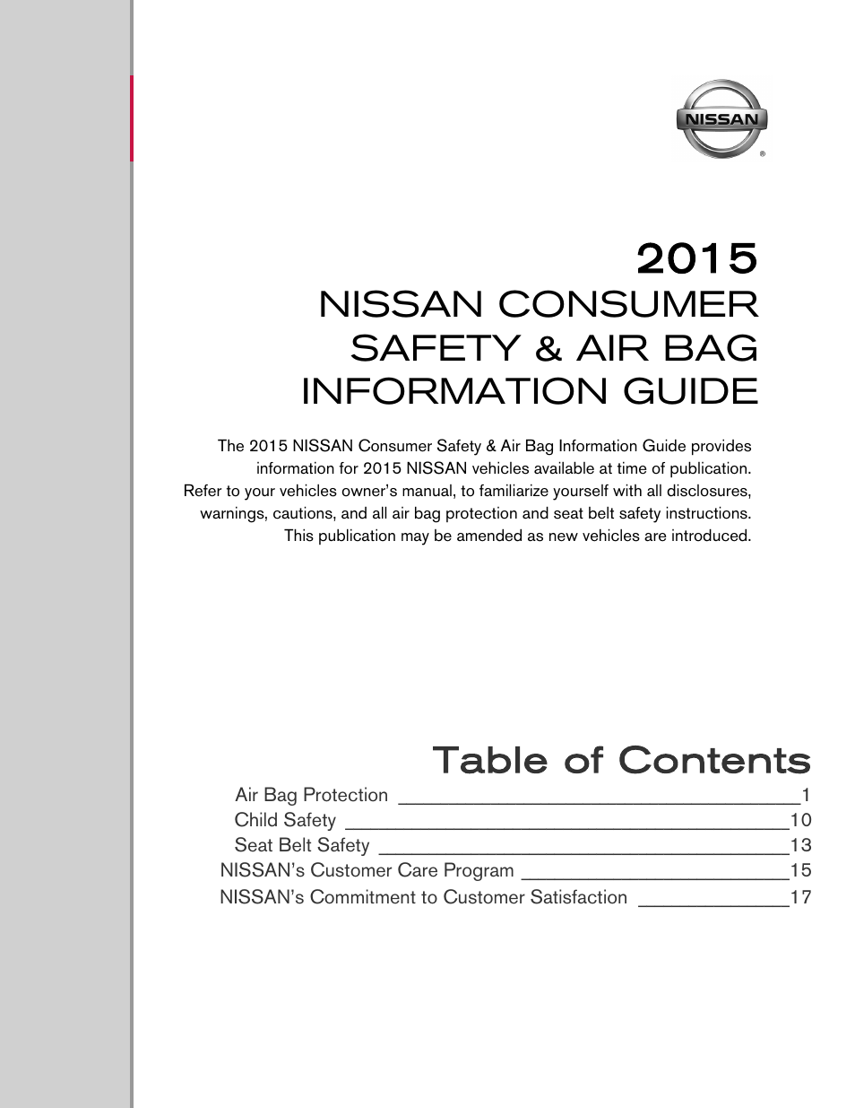 NISSAN 2015 Versa Note - Consumer Safety & Air Bag Information Guide User Manual | 19 pages