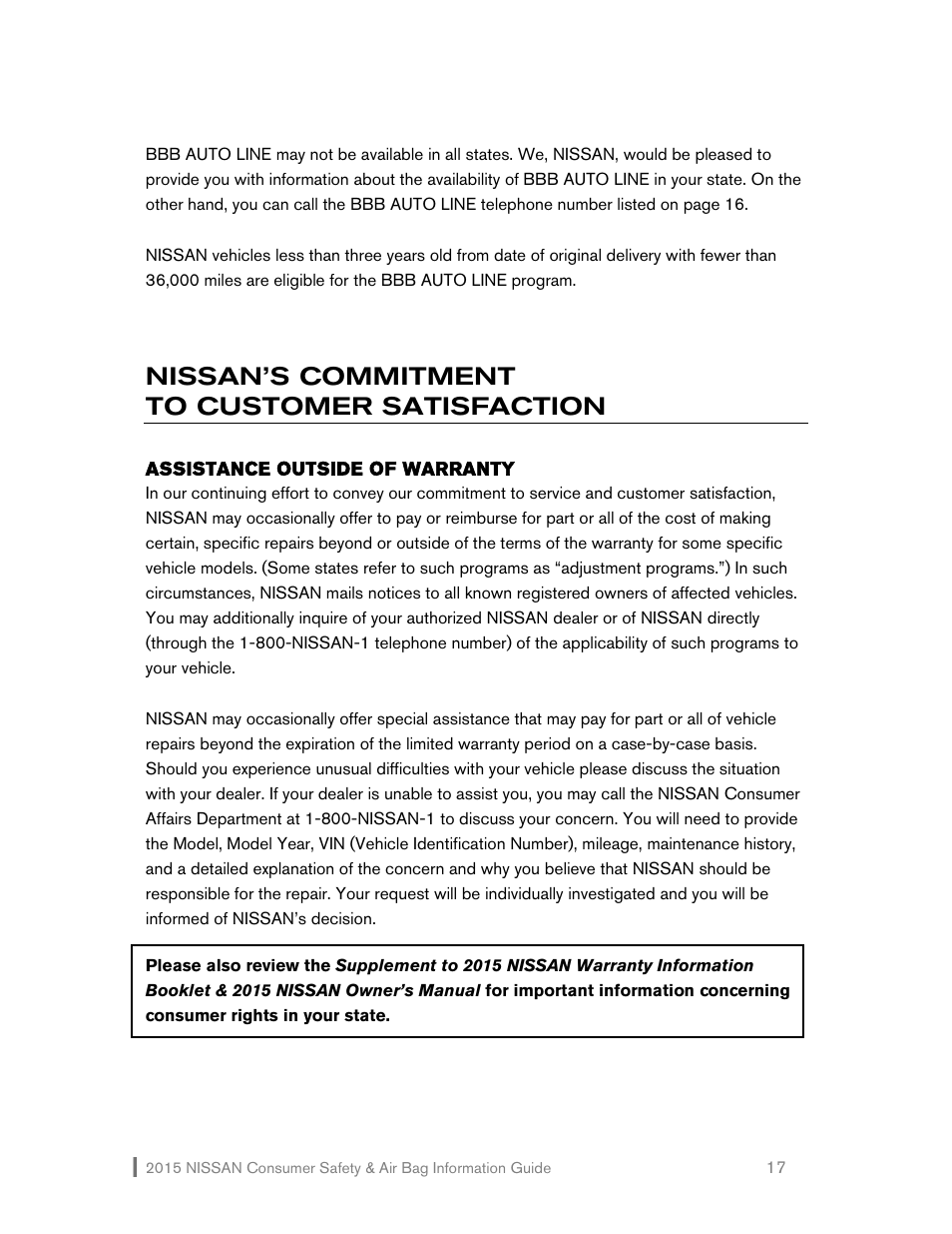 Nissan’s commitment to customer satisfaction | NISSAN 2015 Versa Note - Consumer Safety & Air Bag Information Guide User Manual | Page 18 / 19