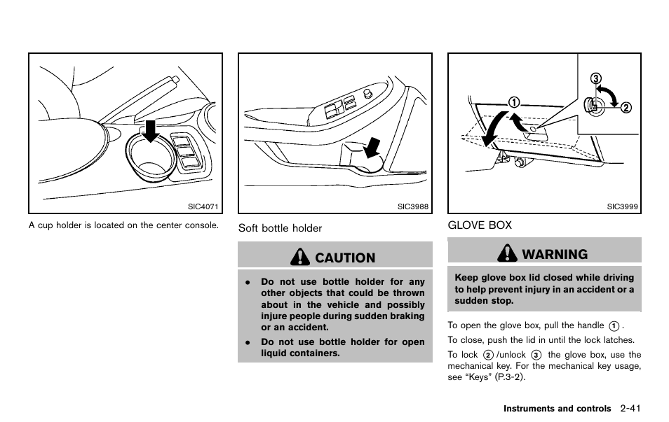 Glove box -41, Caution, Warning | NISSAN 2012 370Z Roadster - Owner's Manual User Manual | Page 105 / 427