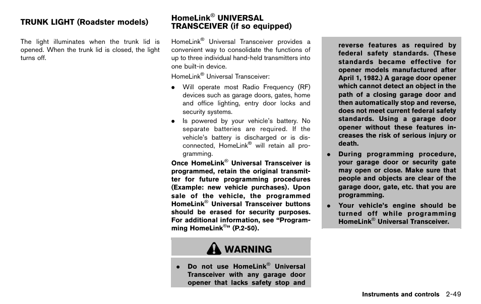 Trunk light (roadster models) -49 homelink, Universal transceiver (if so equipped) -49, Warning | NISSAN 2012 370Z Roadster - Owner's Manual User Manual | Page 113 / 427